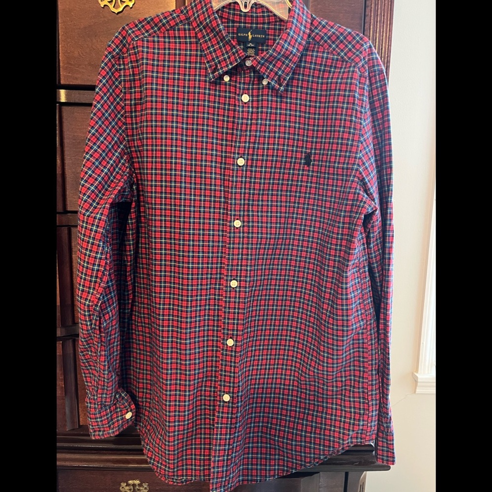 Ralph Lauren red/blue/yellow plaid long sleeve button down shirt.